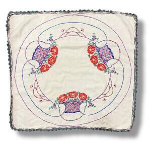 Vintage 30s Embroidered Tablecloth Baskets of Flowers Multicolor 32 inch Square